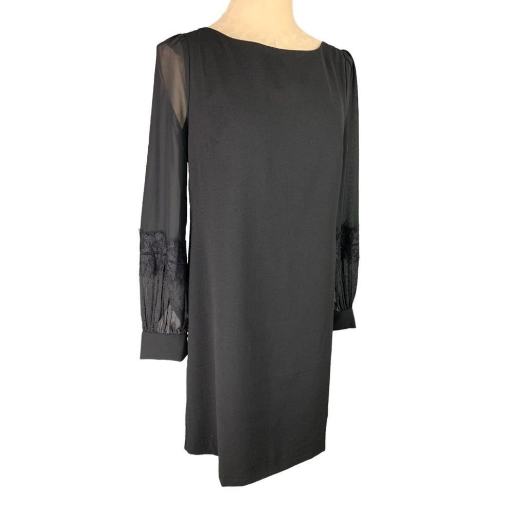 6 Ann Taylor Black Shift Dress Sheer Sleeve Back Zip Knee Length